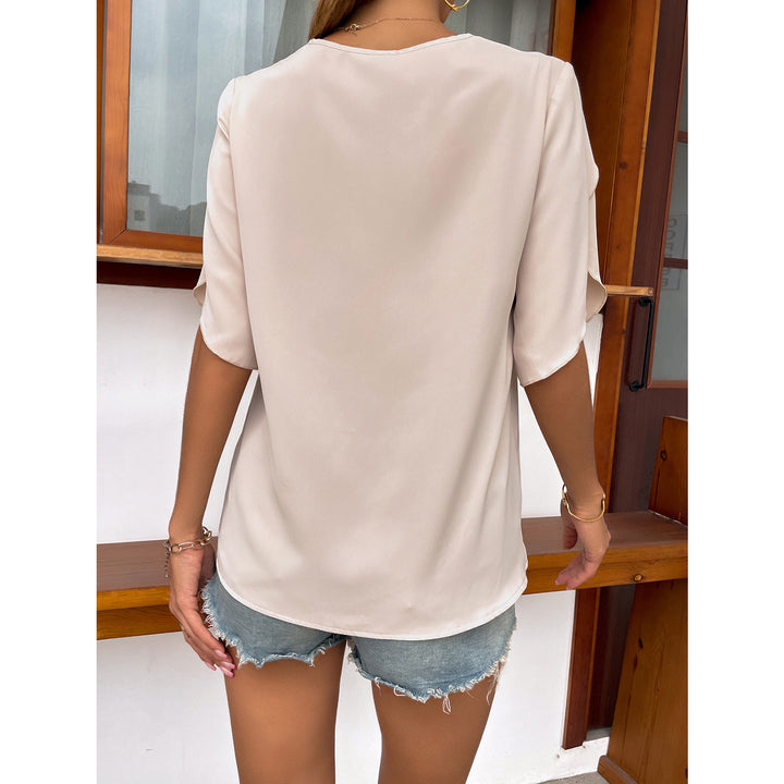 Women's Lace Solid V-Neck Versatile Solid T-Shirt - Phantomshop21