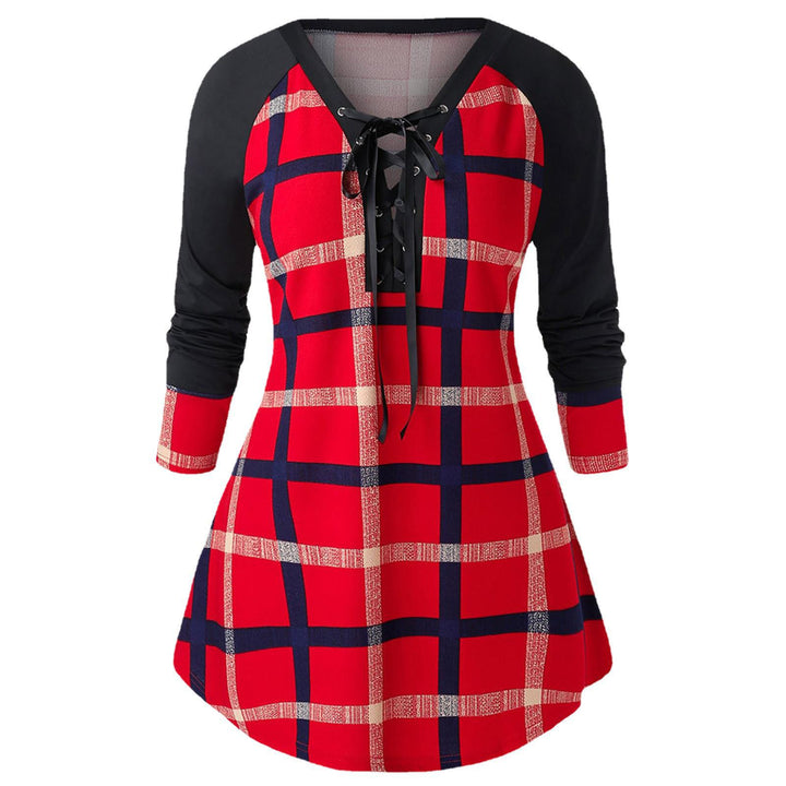 Spring And Autumn Printed Plus Size Women's Long Sleeve Colorblock Plaid Dress - Phantomshop21