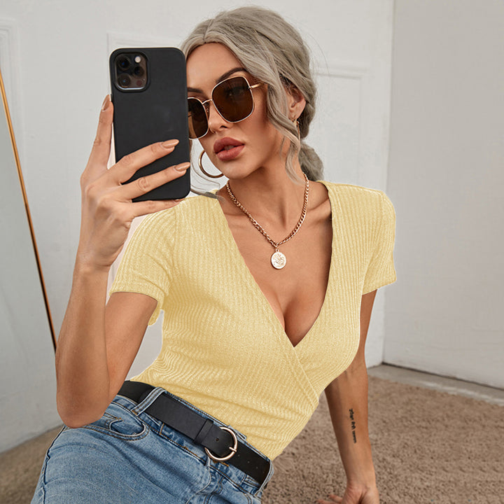 V-Neck Short-Sleeved T-Shirt Bottoming Top Slim Pullover Cropped Sweater - Phantomshop21