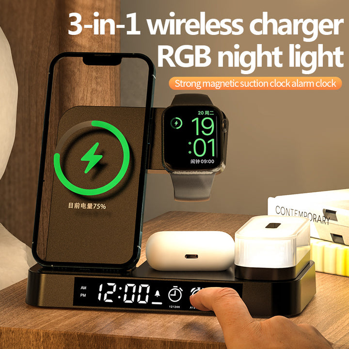 4 In 1 Multifunction Wireless Charger Station With Alarm Clock Display Foldable Wireless Charger Stand With RGB Night Light - Phantomshop21
