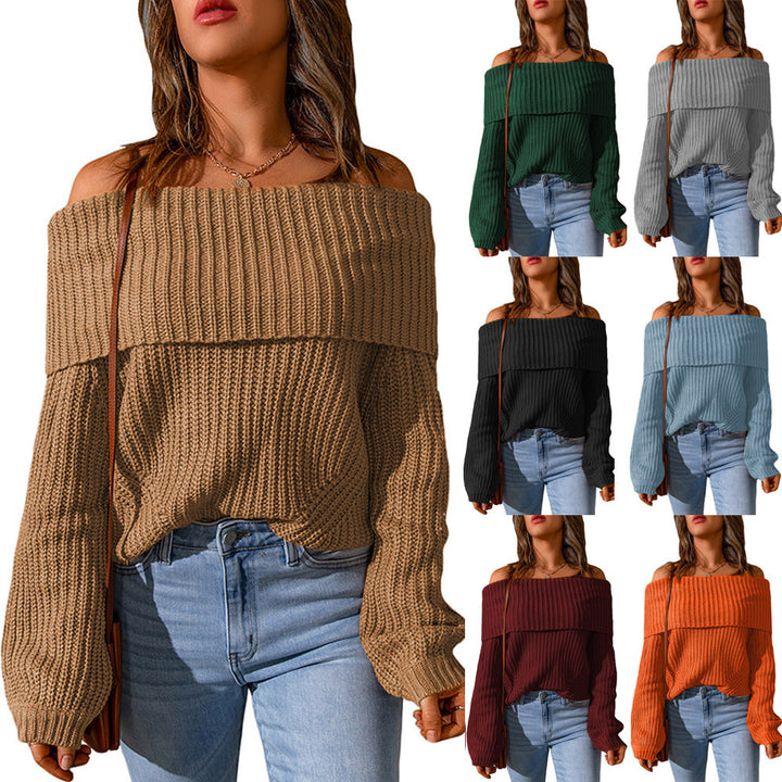 Autumn And Winter One-shoulder Off-the-shoulder Solid Color Loose Women's Sweater - Phantomshop21