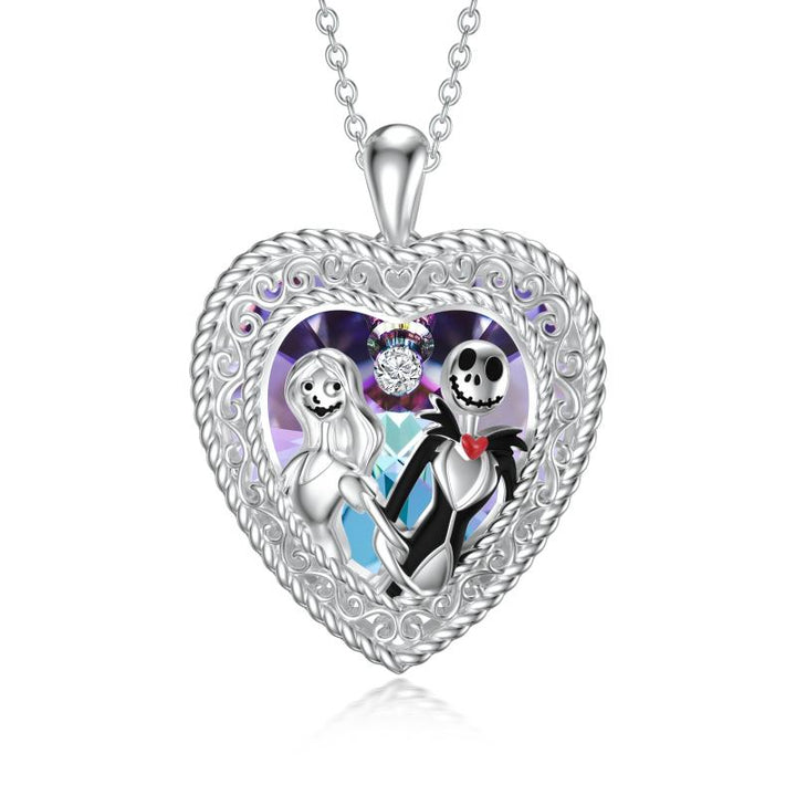 Nightmare Before Christmas Sterling Silver Crystal Jack Skellington and Sally Necklace Skull Jewelry Birthday Gifts for Women Girlfriend Her - Phantomshop21