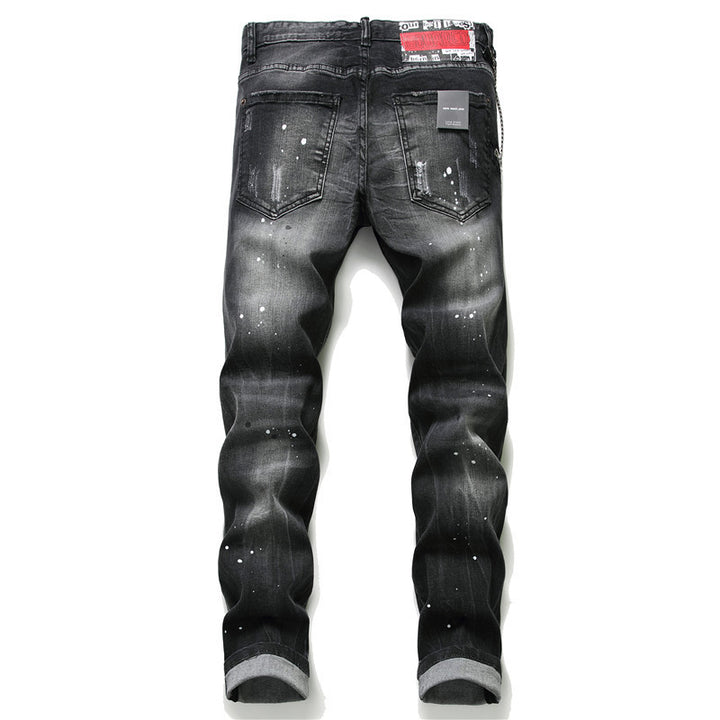 Black Ash Paint Broken Hole Maple Jeans Male - Phantomshop21