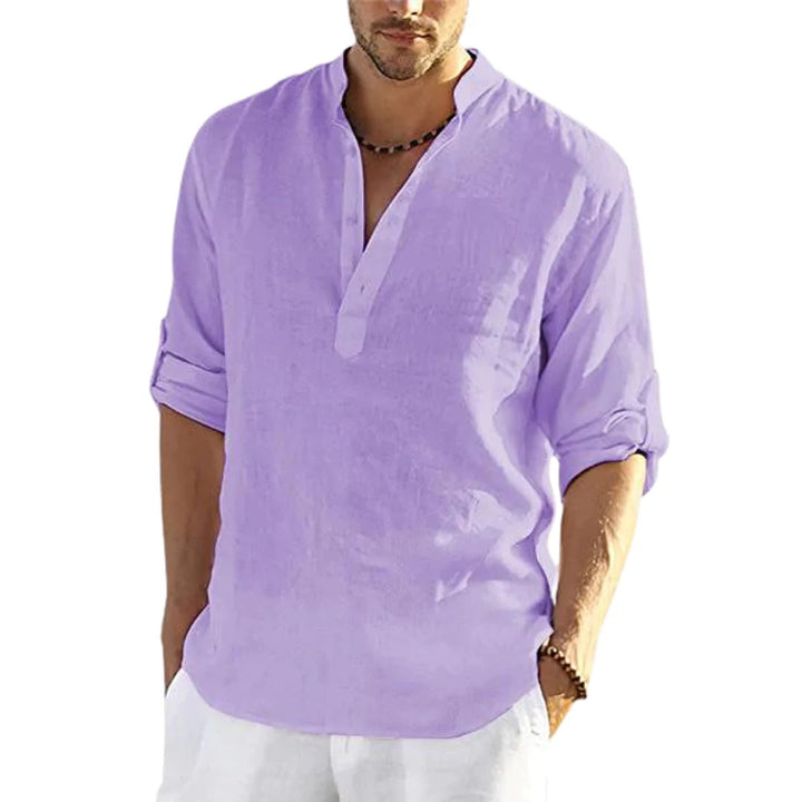 Men's Casual Cotton Linen Solid Color Long Sleeve Shirt Loose Stand Collar - Phantomshop21