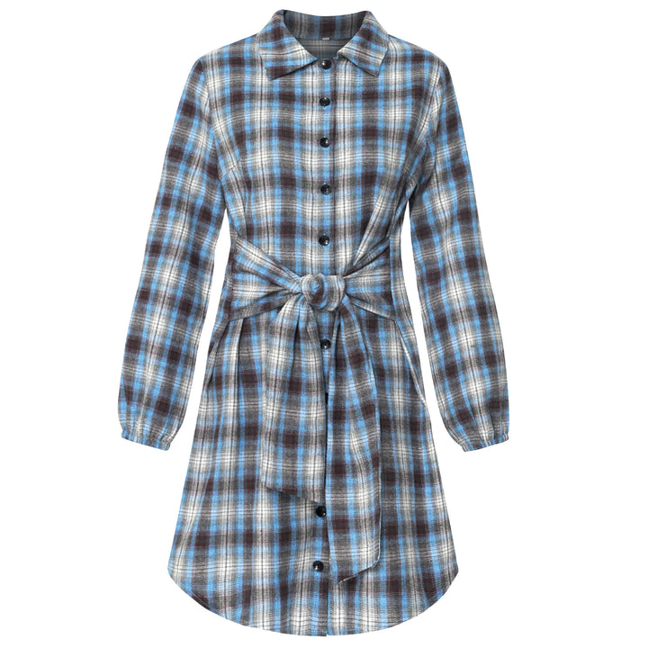 Women's Tie-Up Waist Shirt Plaid Dress - Phantomshop21