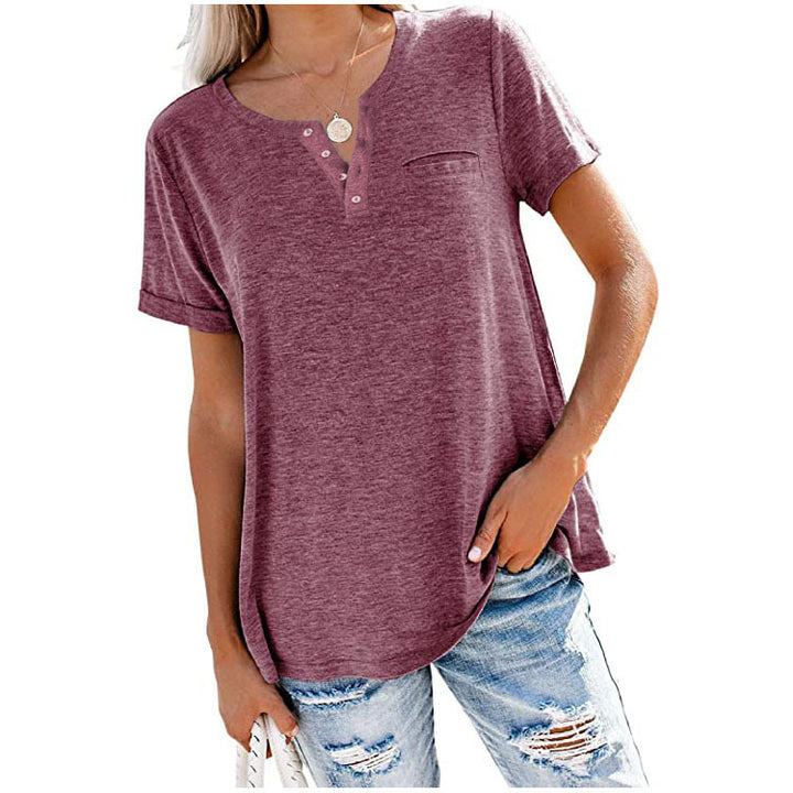 Women's Fashion Top V-Neck Short Sleeve Pocket Loose T-Shirt - Phantomshop21