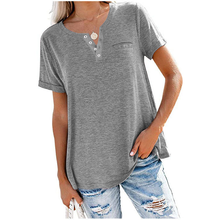 Women's Fashion Top V-Neck Short Sleeve Pocket Loose T-Shirt - Phantomshop21