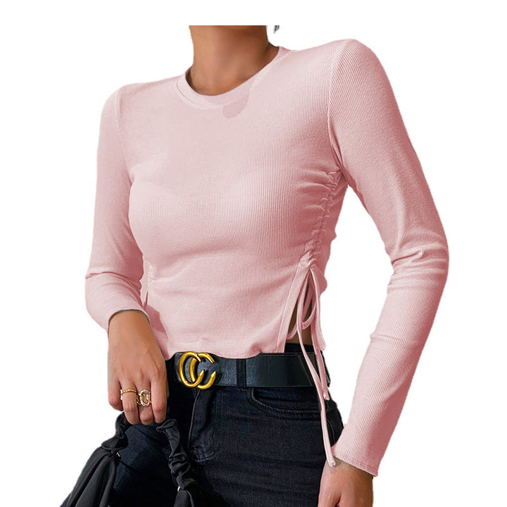 Slim Slim Split Drawstring Round Neck Slim Long Sleeve Shirt Women - Phantomshop21