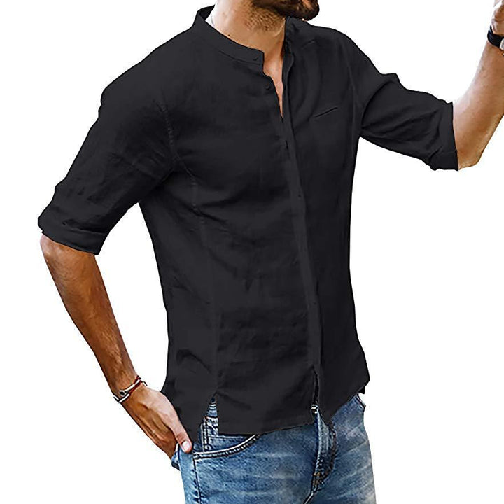 Solid Color Stand Collar Linen Mid Sleeve Shirt Men's T-Shirt - Phantomshop21