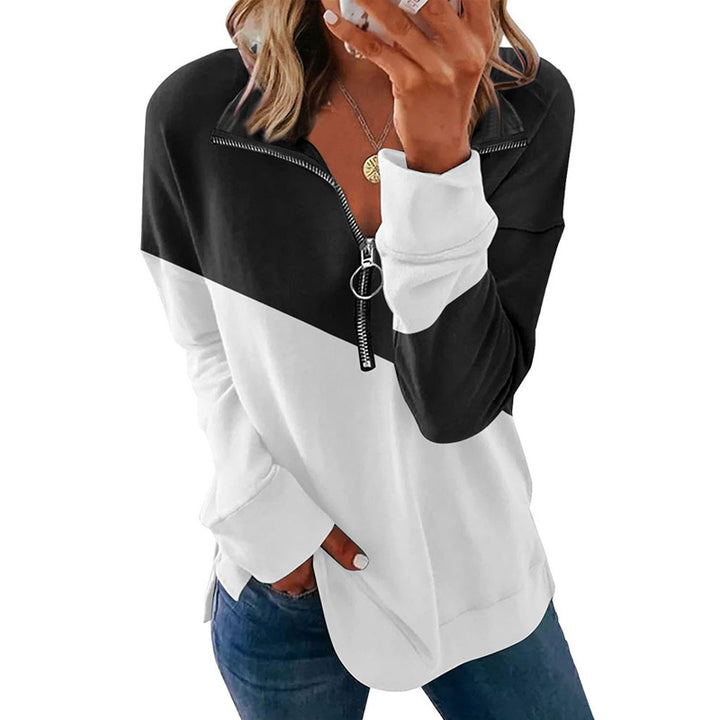 Contrast Color Zip Pullover Sweatshirt Loose Versatile Long Sleeve Top - Phantomshop21