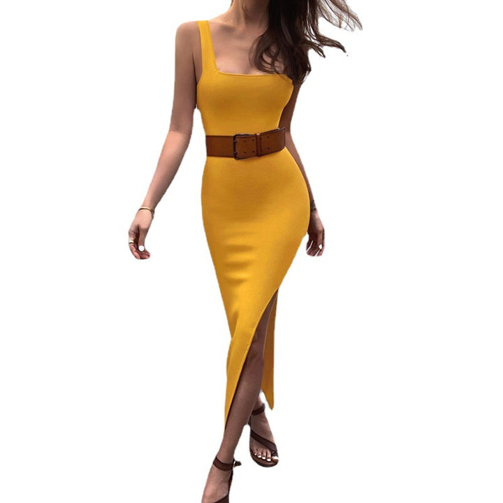 Women's Elegant Square Neck Vest Slit Long Slim Dress - Phantomshop21