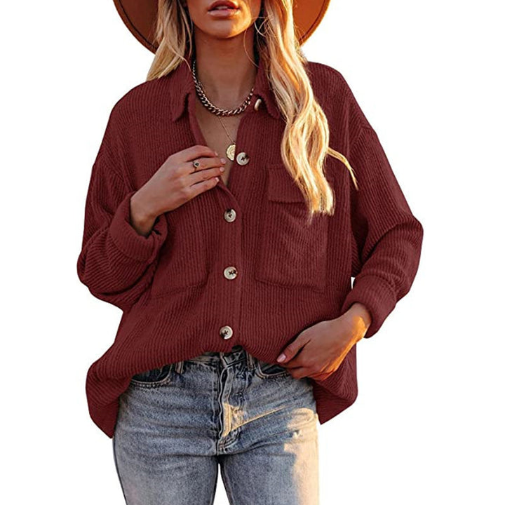 Women's Solid Color Loose Corduroy Lapel Long Sleeve Shirt Jacket - Phantomshop21