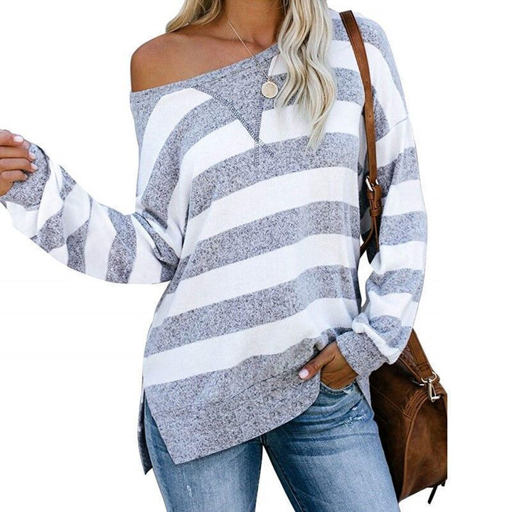 Casual Loose Colorblock Striped Long Sleeve Women's T-Shirt - Phantomshop21