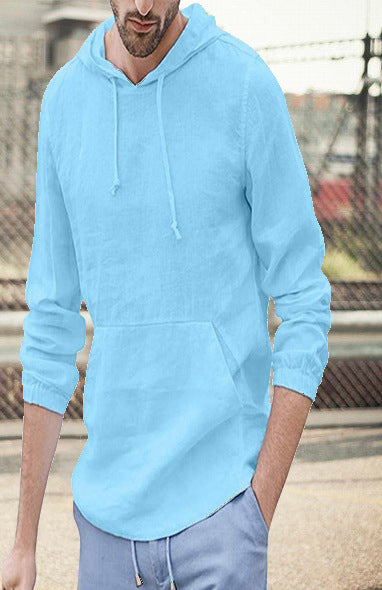Thin Men's Patch Pocket Cotton Linen Pullover Hat With Long Sleeve Hooded T-Shirt - Phantomshop21