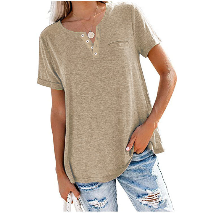 Women's Fashion Top V-Neck Short Sleeve Pocket Loose T-Shirt - Phantomshop21