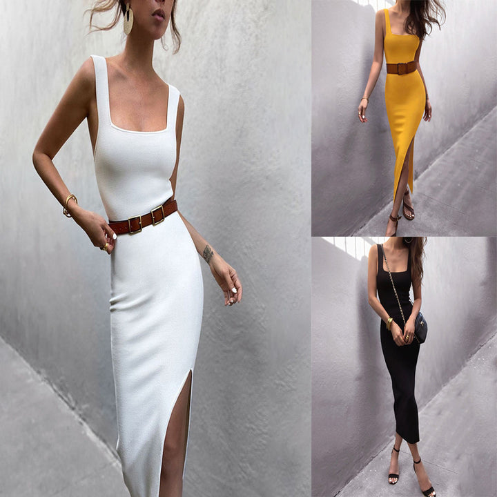 Women's Elegant Square Neck Vest Slit Long Slim Dress - Phantomshop21
