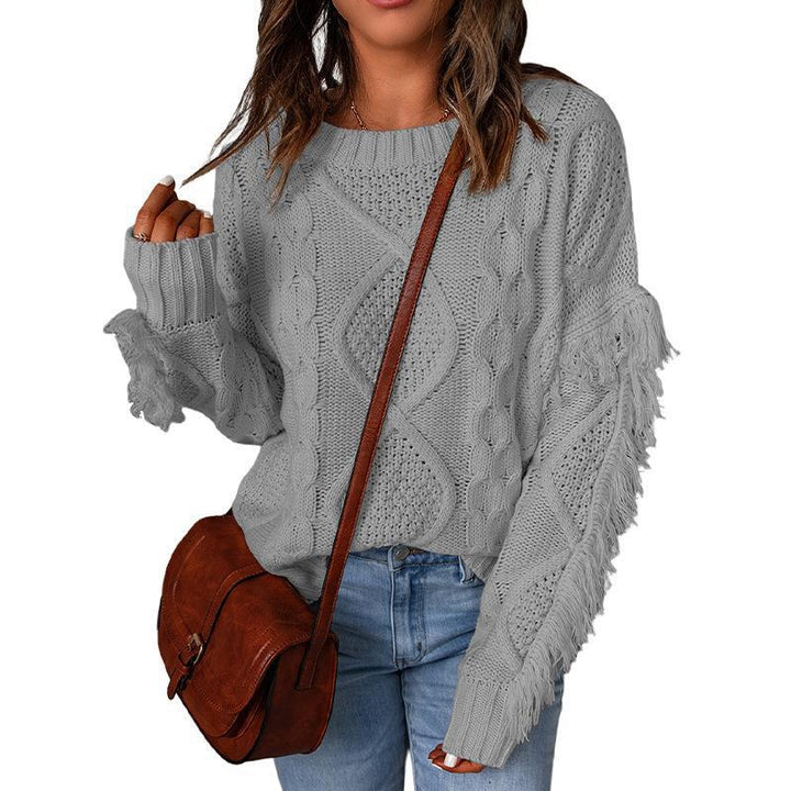 Women's Loose Rhombus Fringed Solid Color Pullover Round Neck Knitted Sweater - Phantomshop21