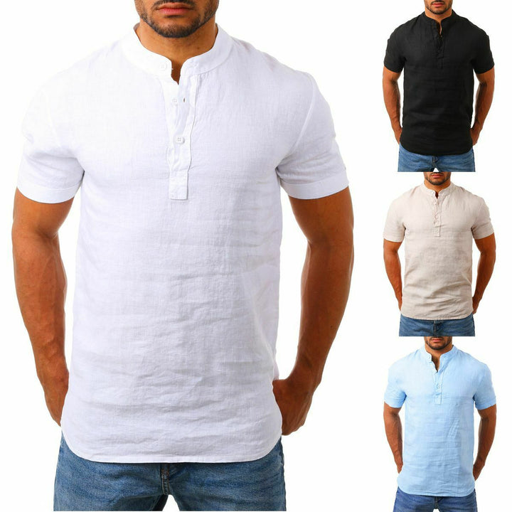 Stand Collar Cotton Linen Long Sleeve Shirt - Phantomshop21