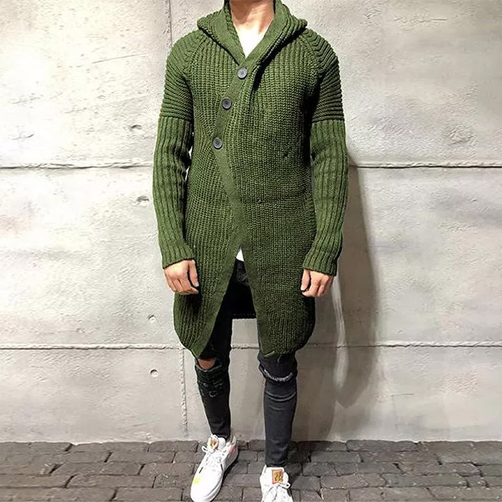 Long Knitted Hooded Sweater Coat Men Solid Color Button Casual Clothes - Phantomshop21