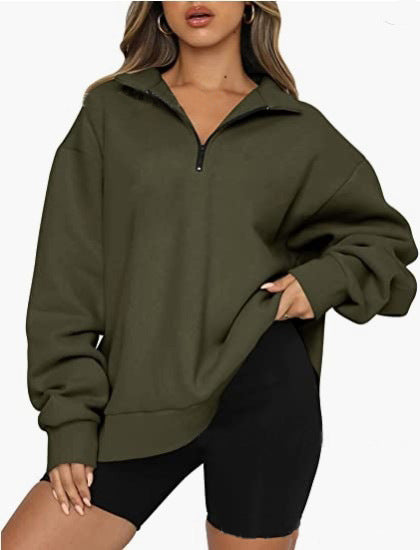 Women Sweatshirts Zip Turndown Collar Loose Casual Tops Clothes - Phantomshop21