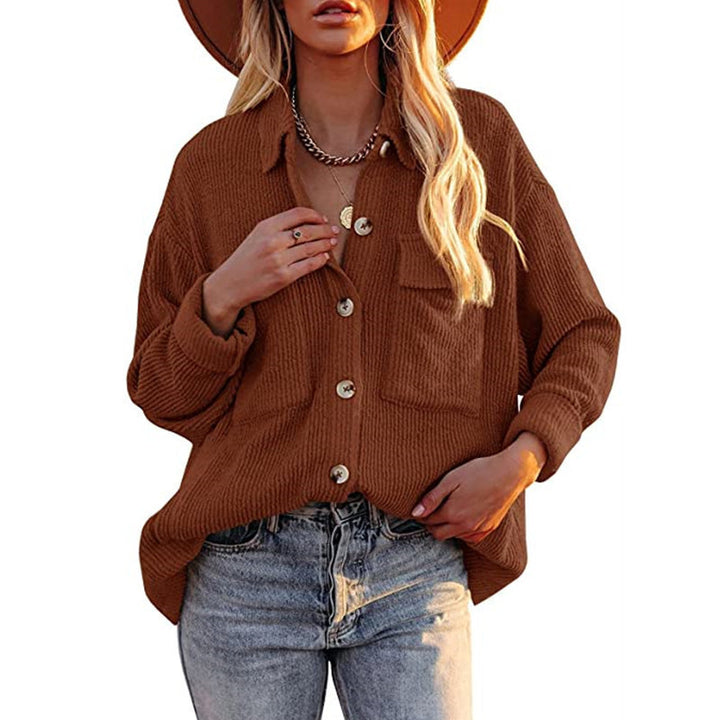 Women's Solid Color Loose Corduroy Lapel Long Sleeve Shirt Jacket - Phantomshop21