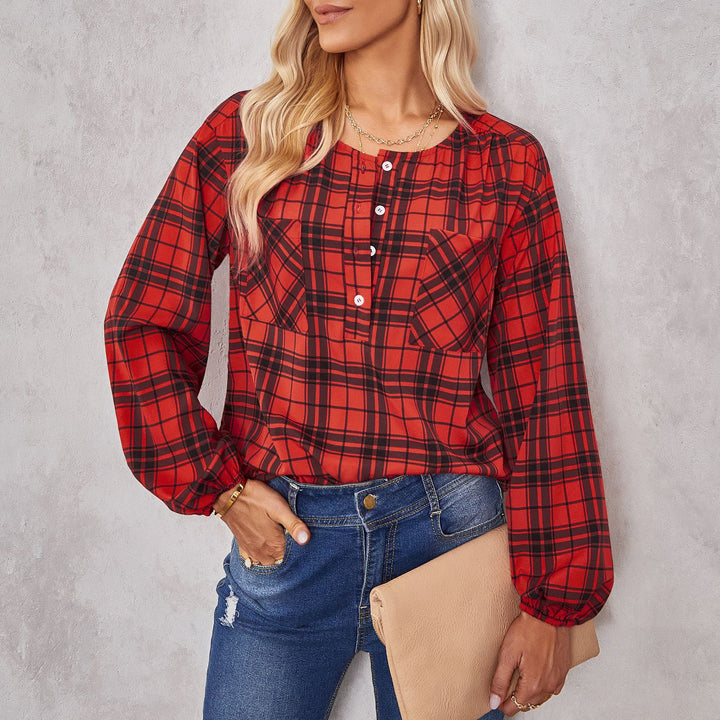 Women's Fashion Plaid Round Neck Shirt - Phantomshop21