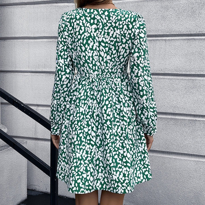Leopard Print Deep V-Neck Button-Down Slim Mid-Length Dress - Phantomshop21