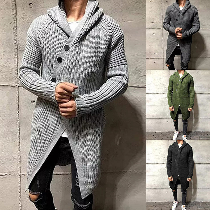 Long Knitted Hooded Sweater Coat Men Solid Color Button Casual Clothes - Phantomshop21