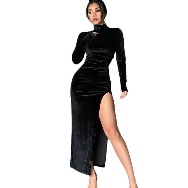 High Neck Long Velvet Dress Slim Slit Women's Dress - Phantomshop21
