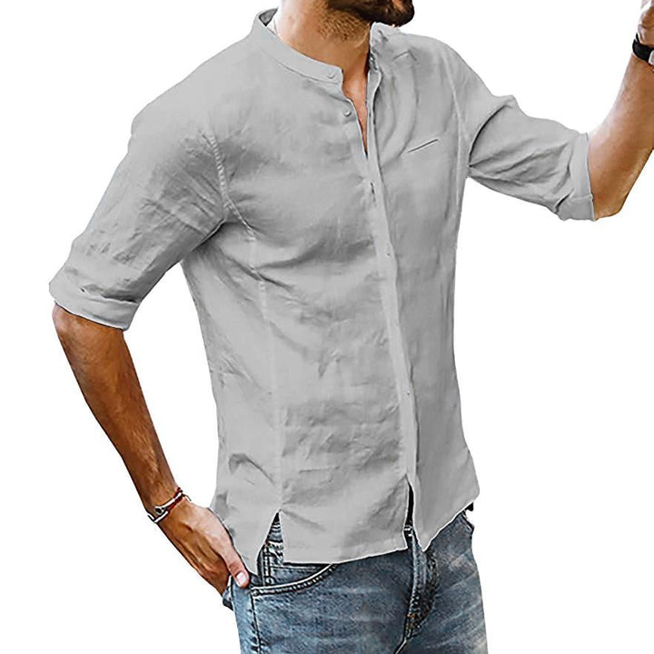 Solid Color Stand Collar Linen Mid Sleeve Shirt Men's T-Shirt - Phantomshop21