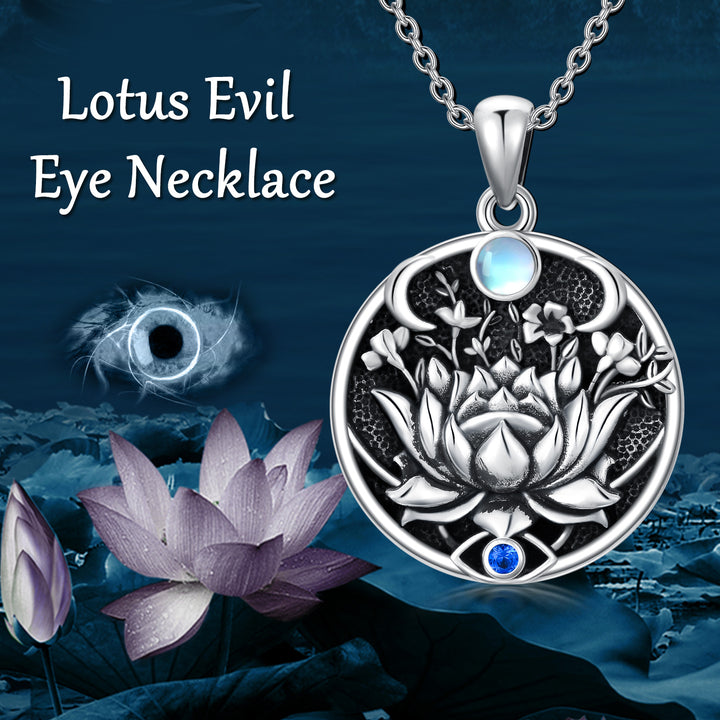 Lotus Evil Eye Necklace Sterling Silver Evil Eye Pendant Spiritual Protection Charm Moonstone Jewelry Moon Necklace for Women Girls - Phantomshop21