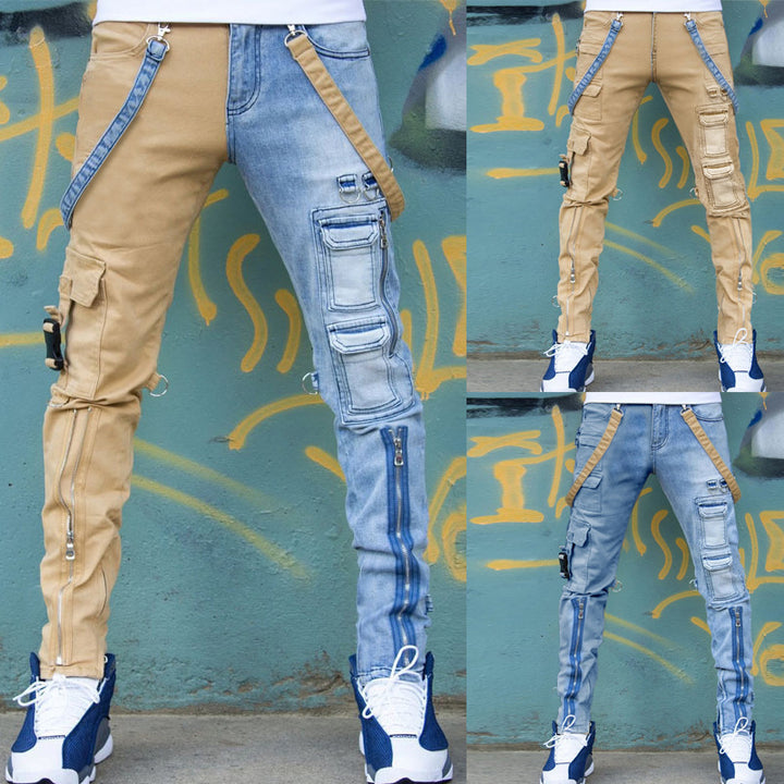 Color Block Wash Jeans Men's Trendy Brand Slim Straight-leg Pants - Phantomshop21