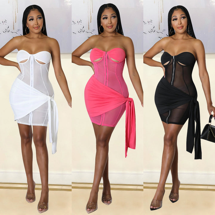 Women's Fitted Mesh Perspective Dress Two Piece Set - Phantomshop21