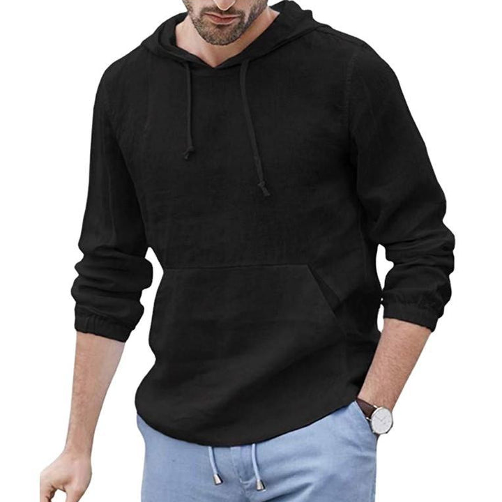 Thin Men's Patch Pocket Cotton Linen Pullover Hat With Long Sleeve Hooded T-Shirt - Phantomshop21