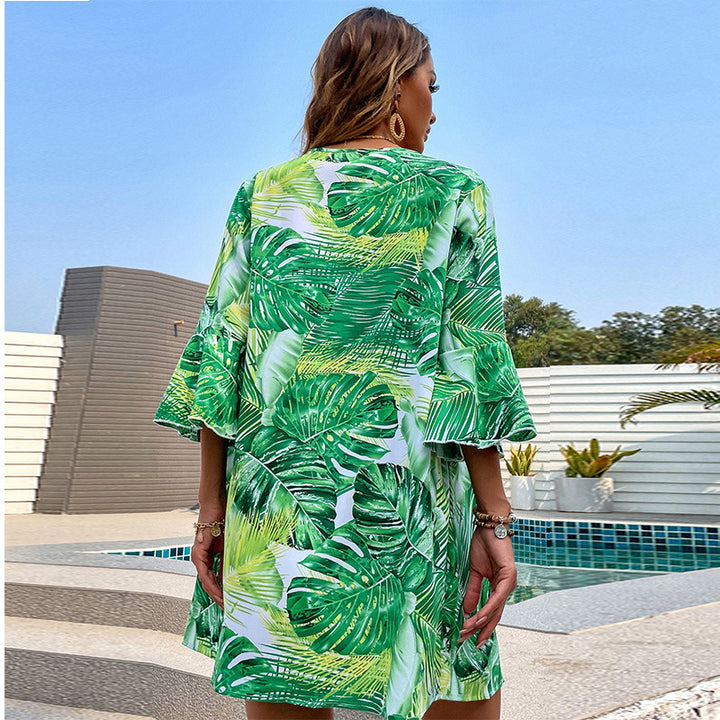 Original Hot Sale Green Leaf Print Chiffon Beach Blouse Holiday Sun Protection Cardigan - Phantomshop21