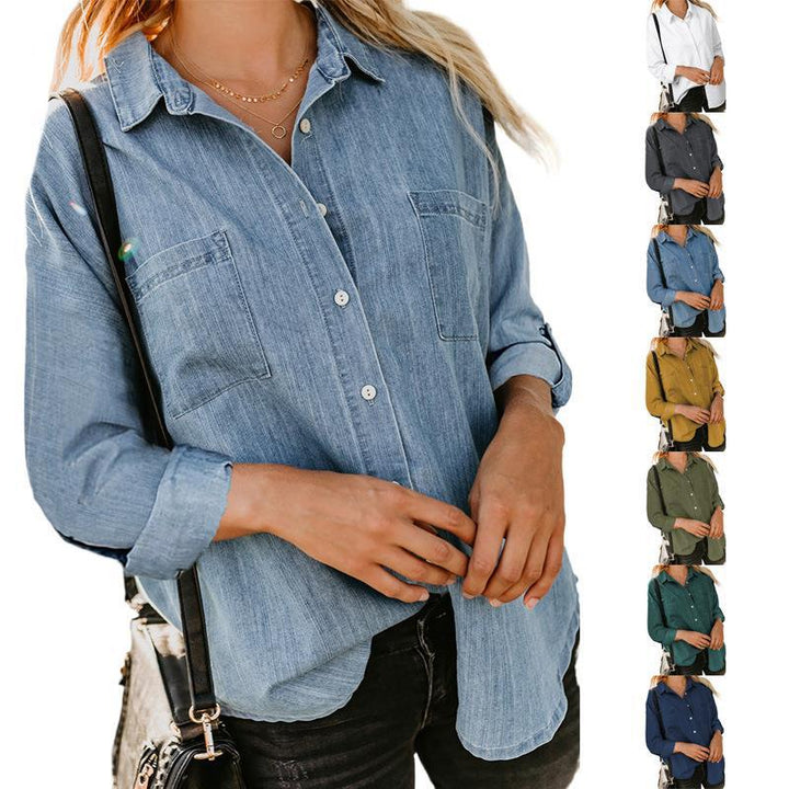 Women's Denim Coat Loose Double Pocket Long Sleeve Casual Shirt - Phantomshop21