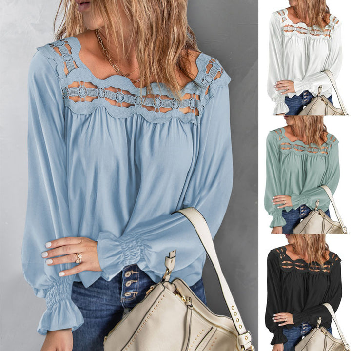 Solid Color Loose Pullover Shirt Hollow Lace Square Neck Long Sleeve Top Women - Phantomshop21