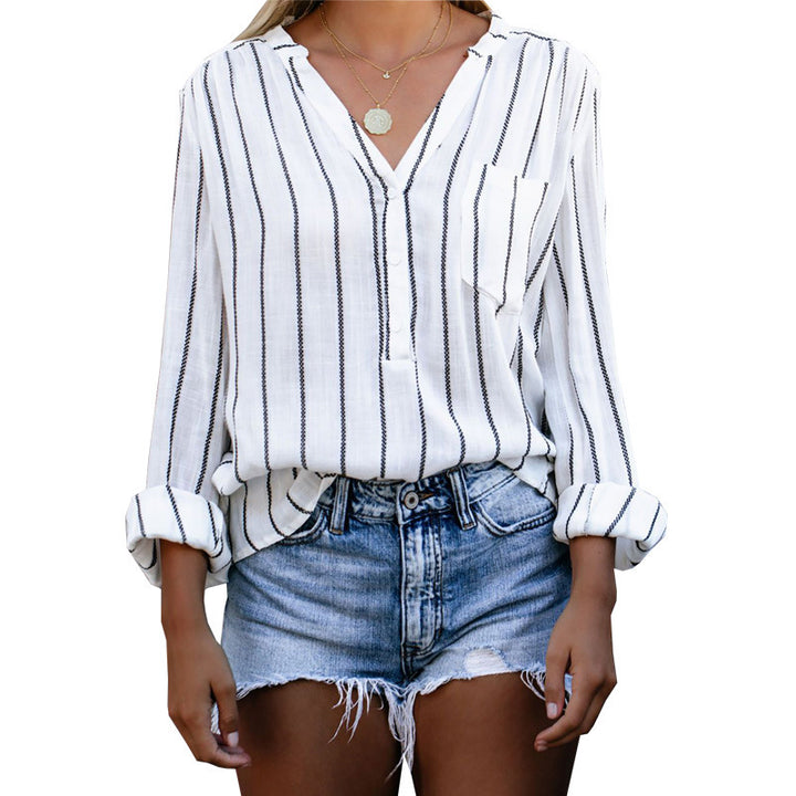 Striped Shirt Loose Single Breasted Long Sleeve Top Women's - Phantomshop21