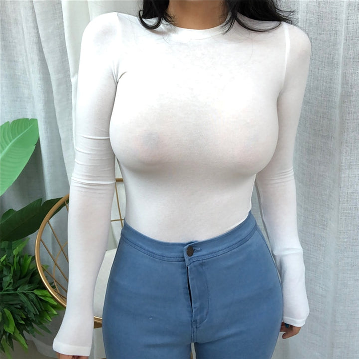 2022 Spring Fashion Women's Shirt Solid Long Sleeve Square-Neck Tops Autumn Ladies Long Tight Bottom See Through T shirt - Phantomshop21