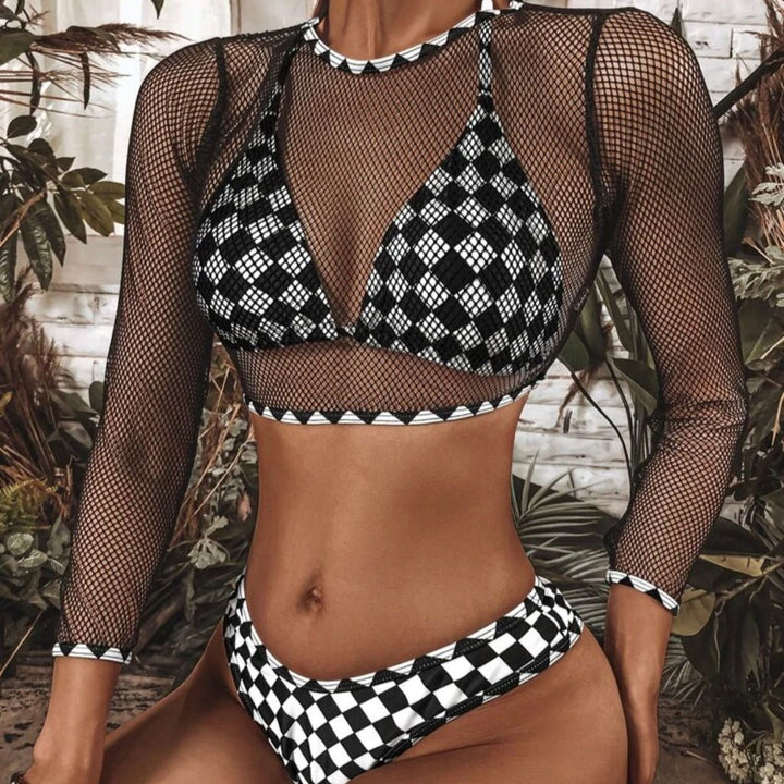 Anibol Checkerboard Print 3-Pcs Bikini Sexy Transparant Mesh Woman's Swimsuit 2022 New String Halter Bathing Suit Swimwear - Phantomshop21