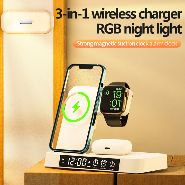 4 In 1 Multifunction Wireless Charger Station With Alarm Clock Display Foldable Wireless Charger Stand With RGB Night Light - Phantomshop21