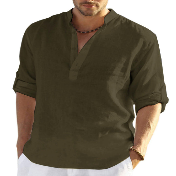Men's Casual Cotton Linen Solid Color Long Sleeve Shirt Loose Stand Collar - Phantomshop21