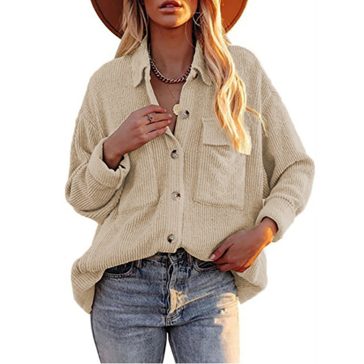 Women's Solid Color Loose Corduroy Lapel Long Sleeve Shirt Jacket - Phantomshop21