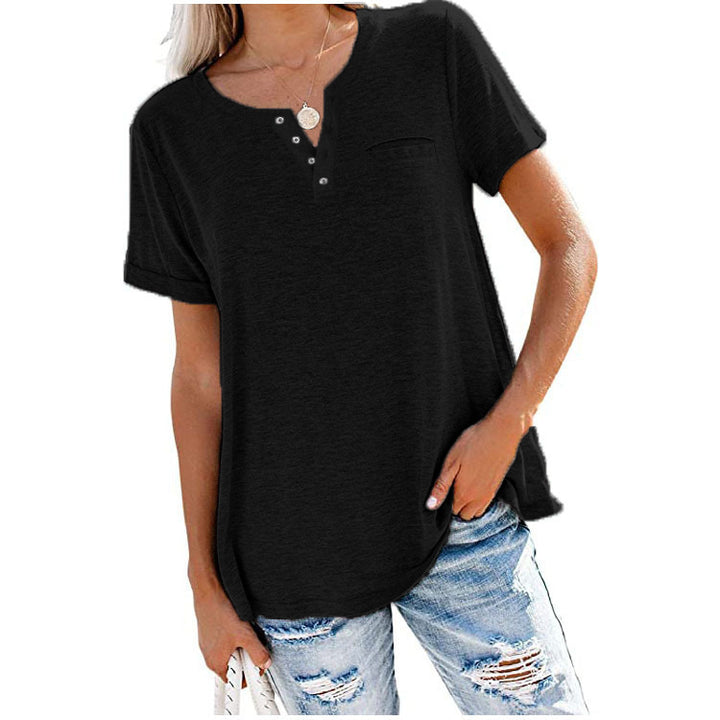 Women's Fashion Top V-Neck Short Sleeve Pocket Loose T-Shirt - Phantomshop21