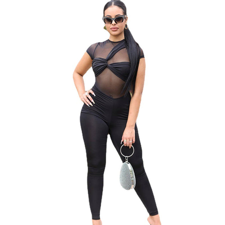 Mesh Splice Sexy Perspective Solid Color Slim Body Lifting Hip Jumpsuit - Phantomshop21
