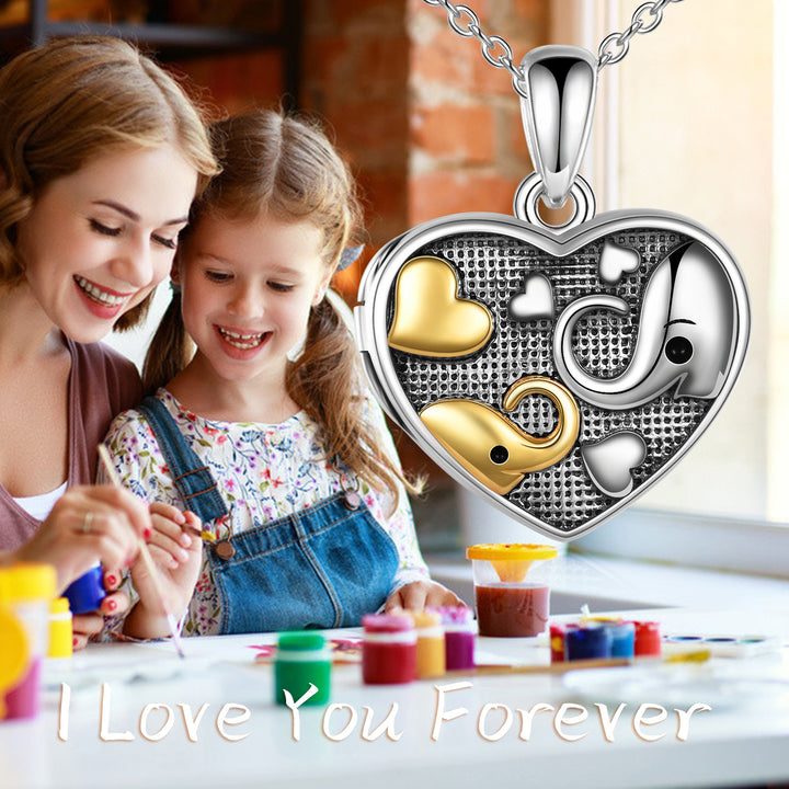 Sterling Silver Mom Elephant  Heart Locket Pendant Necklace Jewelry Gift for Women - Phantomshop21