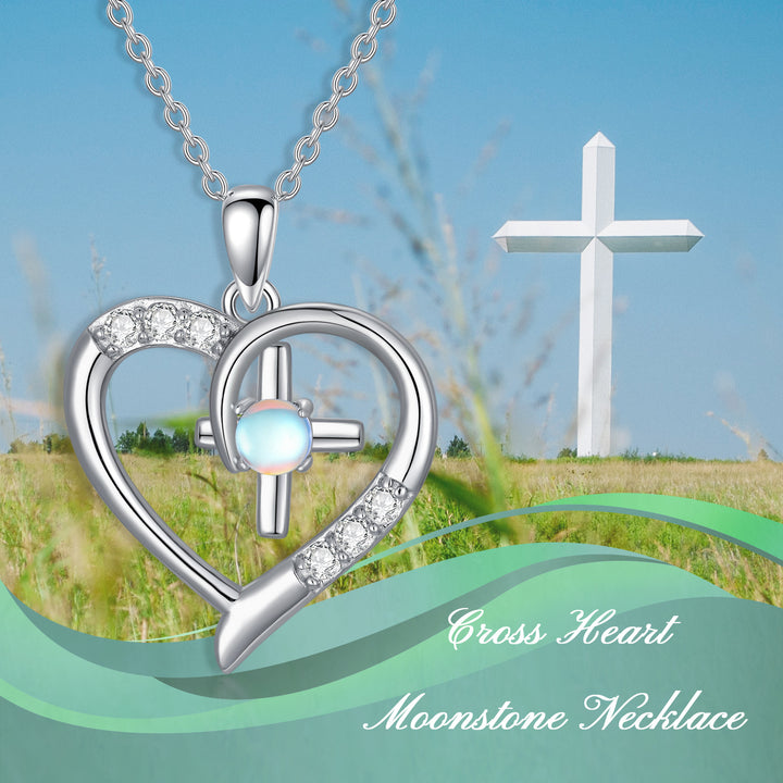 Heart Necklace Sterling Silver Cross Pendant Moonstone Jewelry for Women - Phantomshop21