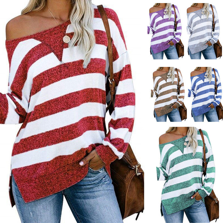 Casual Loose Colorblock Striped Long Sleeve Women's T-Shirt - Phantomshop21