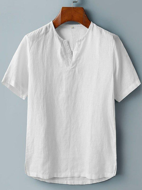Youth Collarless Spot Linen And Cotton Ordinary Solid Color Men's Shirt - Phantomshop21