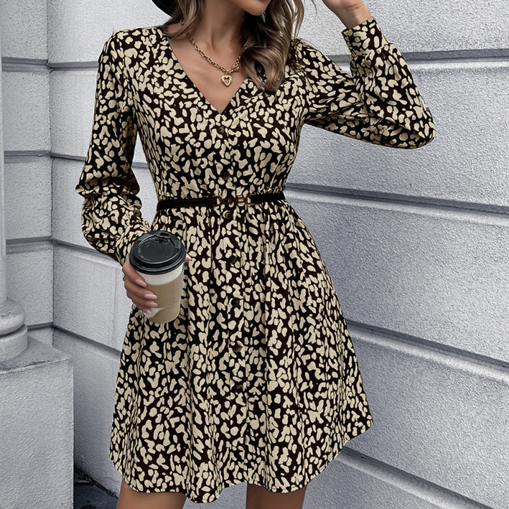 Leopard Print Deep V-Neck Button-Down Slim Mid-Length Dress - Phantomshop21